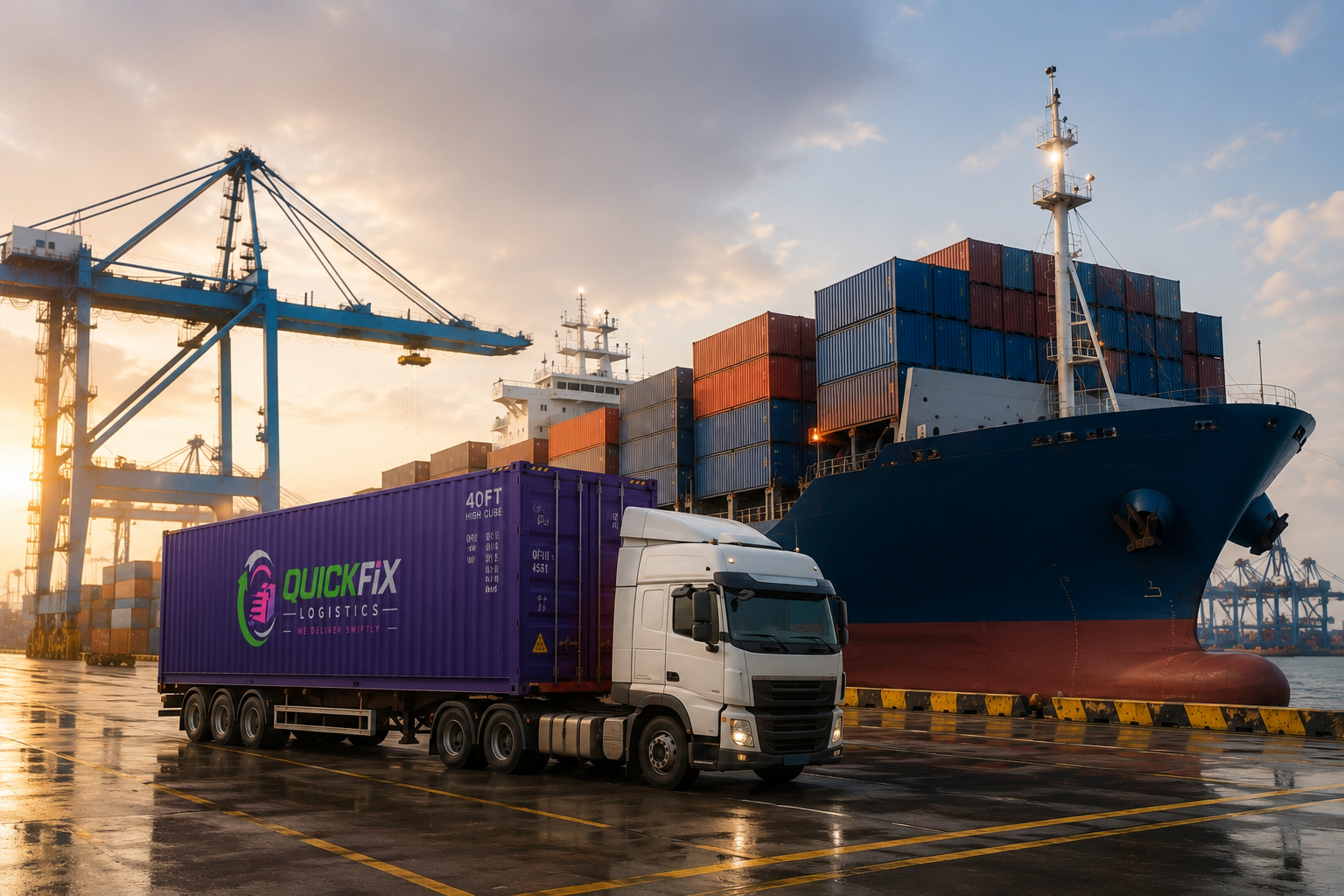 QuickFix Logistics container ship and haulage truck at a seaport at sunset