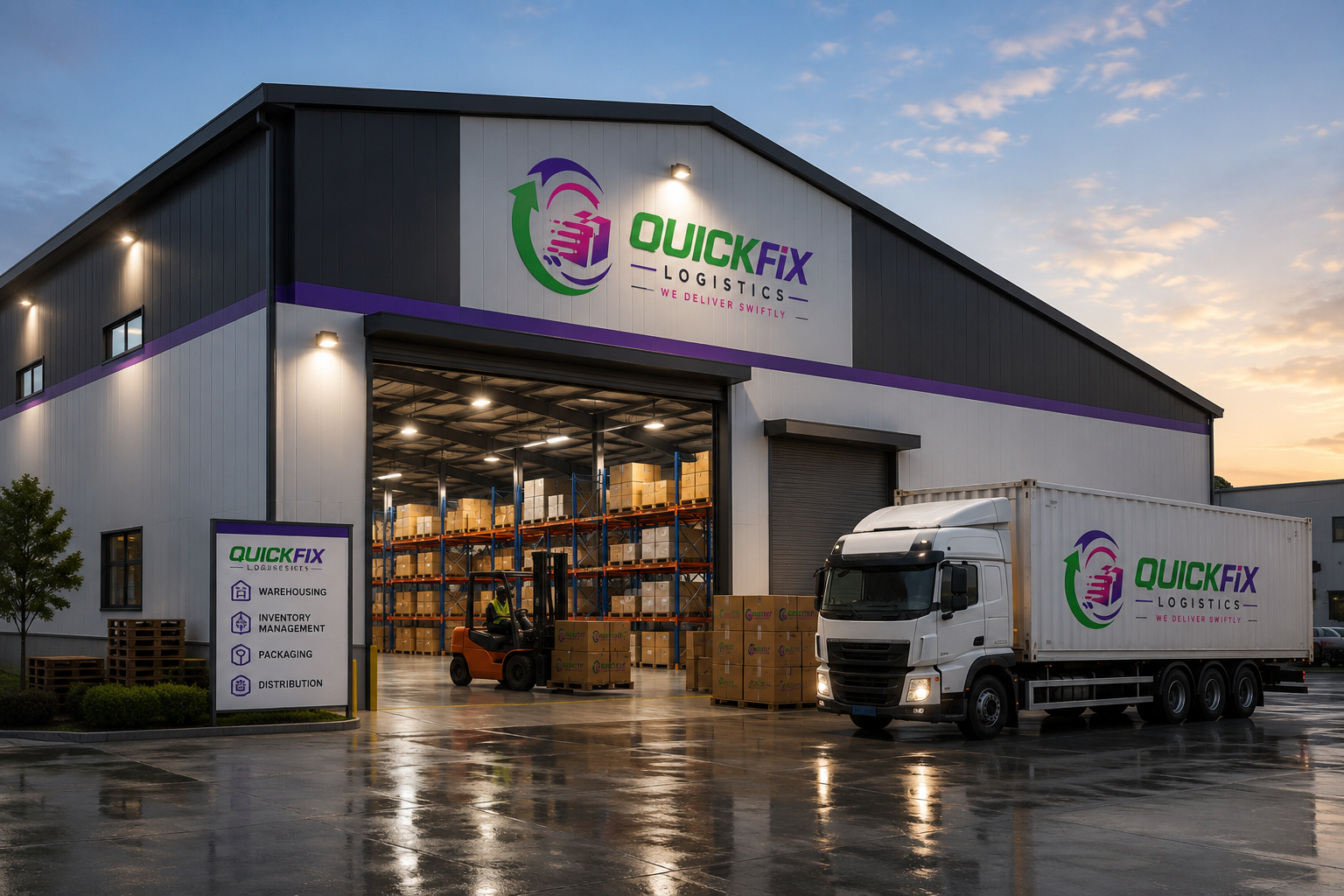 QuickFix Logistics warehouse operations at dusk with a branded truck and forklift