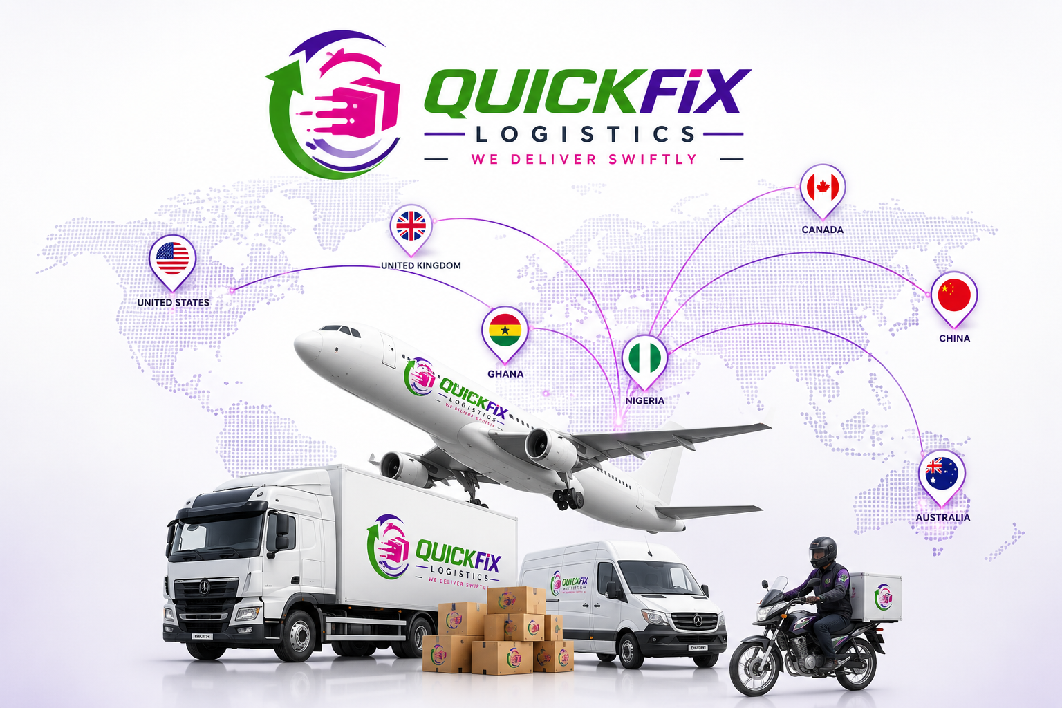 QuickFix Logistics — we deliver swiftly, with aircraft, truck, van and dispatch bike over a world map