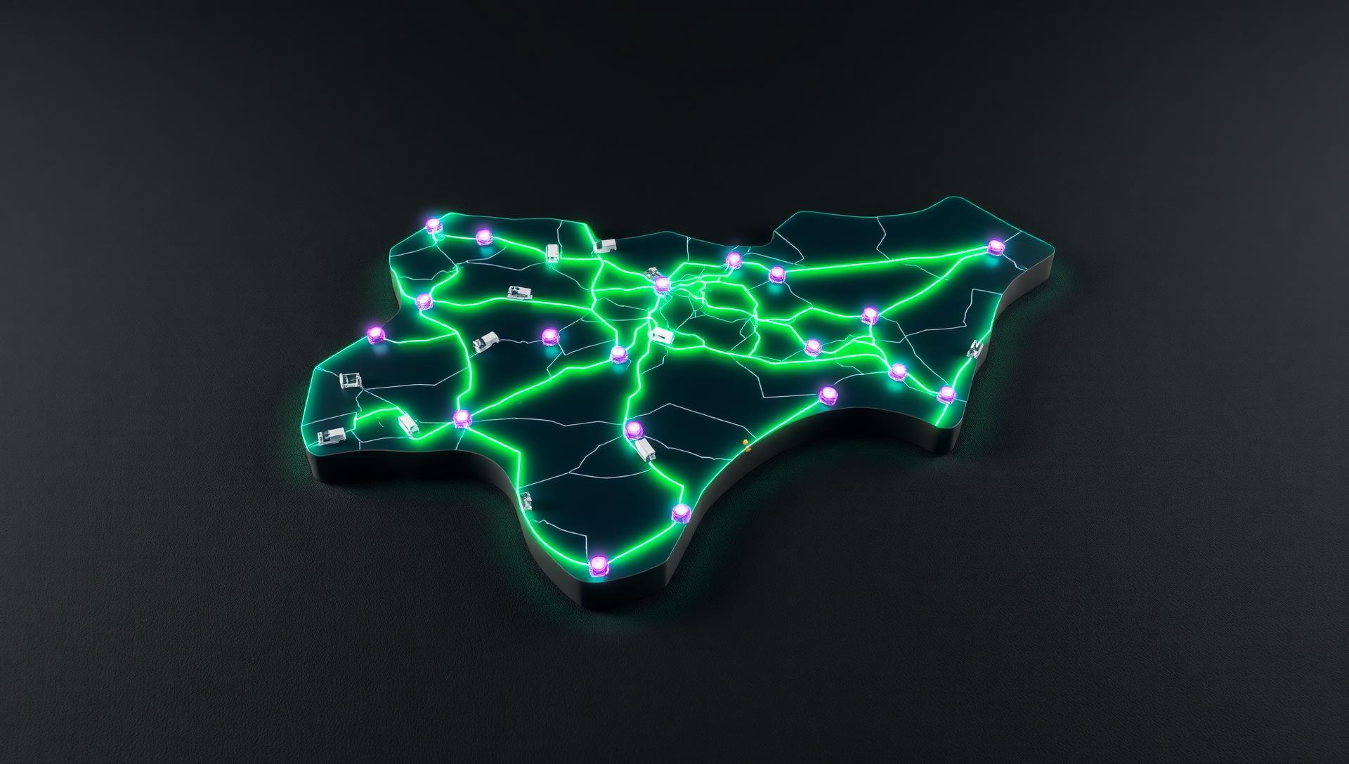 Map of Nigeria connected by logistics routes with riders, vans, trucks and trailers